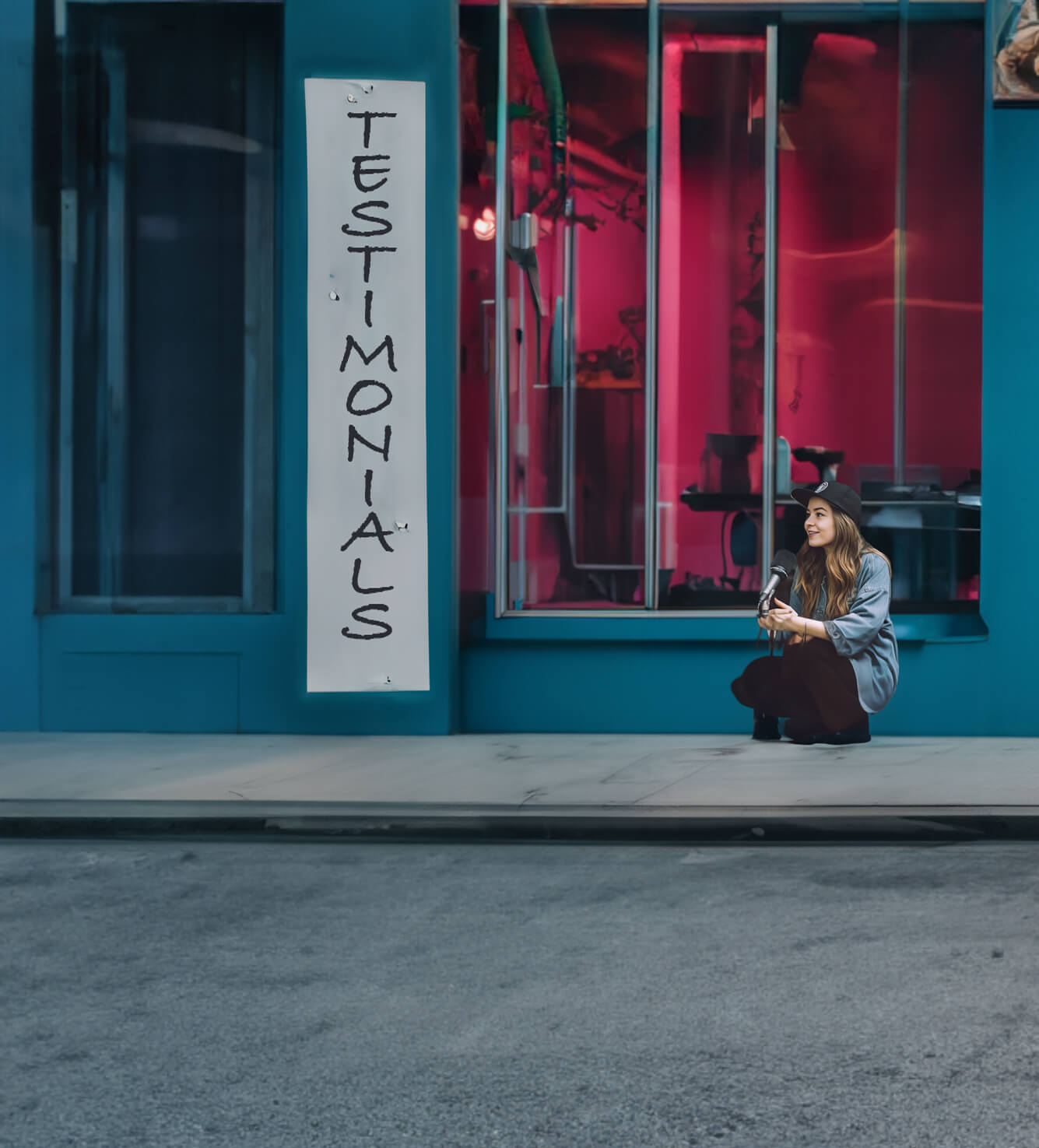 a woman sitting on a bench holding a microphone