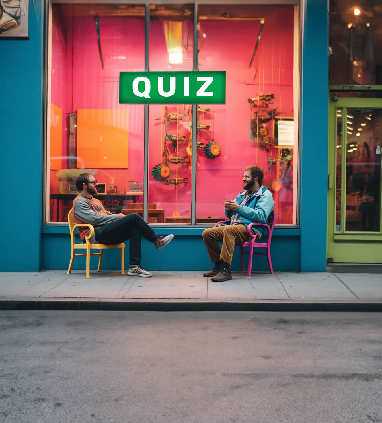 two men sitting in chairs outside a store