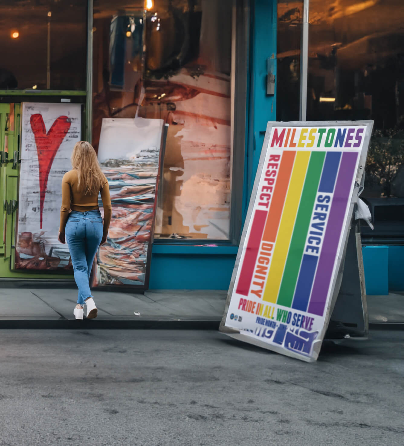 a woman walking on the sidewalk